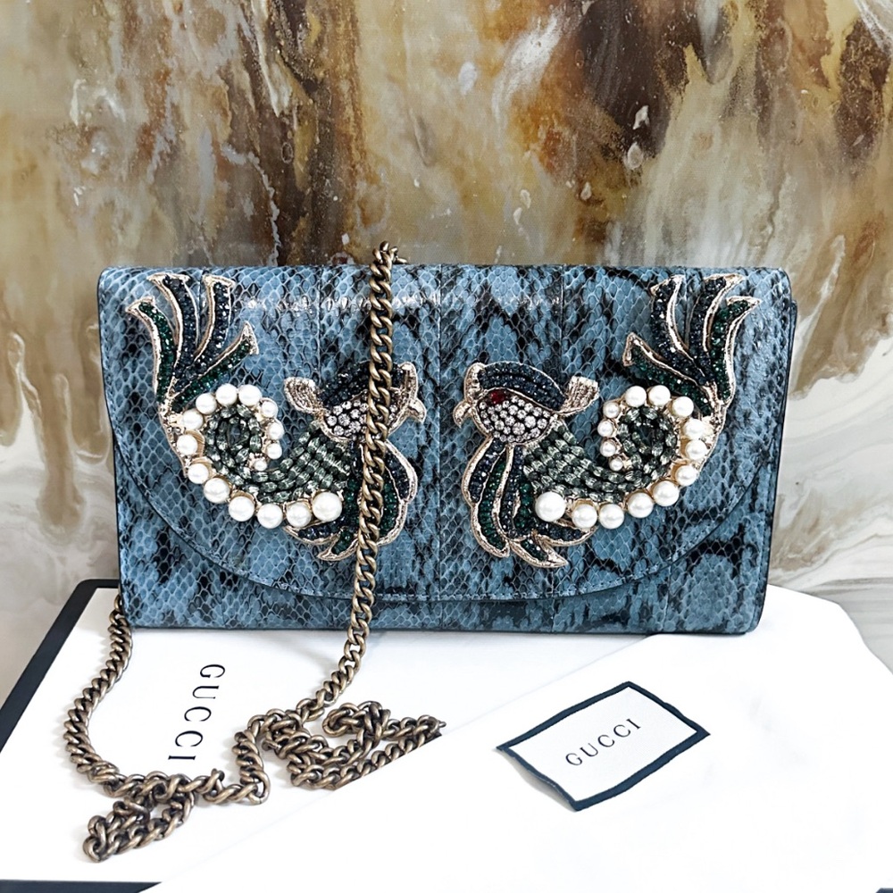 Rare Gucci Blue Snakeskin Crystal Embellished Bird Chain on Clutch Bag